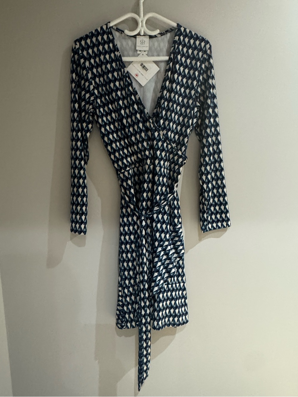 Papillon Blanc Geometric Long Sleeve Wrap Dress L Blue/White